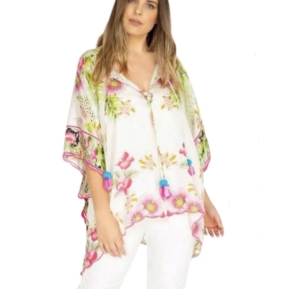 JOHNNY WAS white pink green floral print GALORE TASSEL TIE SILK PONCHO top - Picture 12 of 13